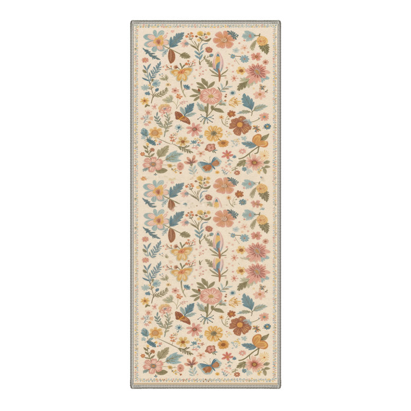 Acker Verdure Floral Machine Washable Beige Indoor Area Rug with Non-Slip Backing, Runner 2'6" x 8'