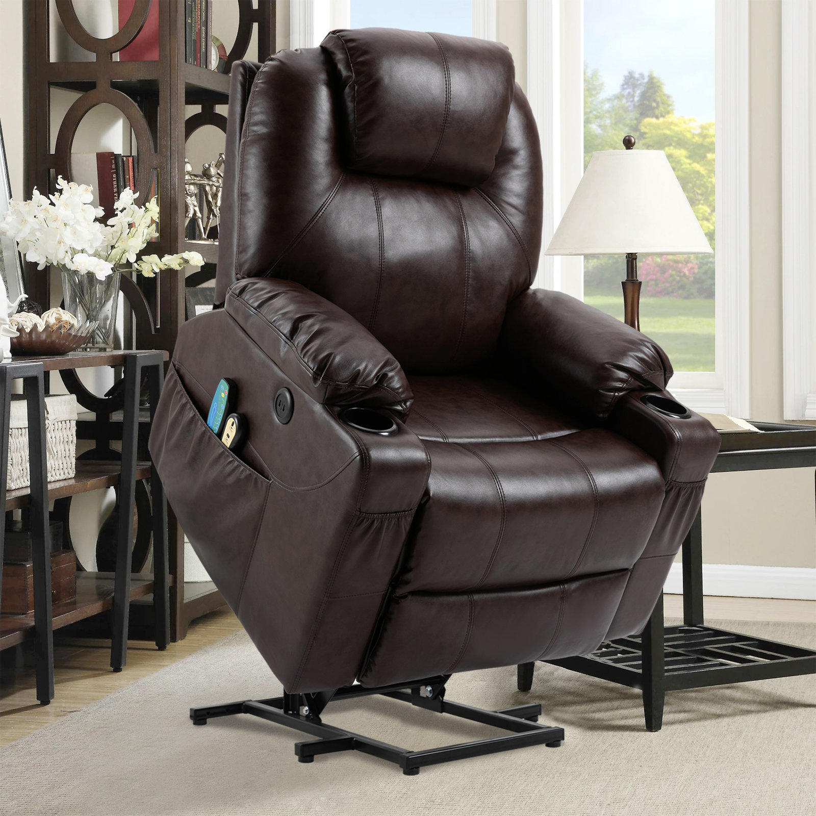 Swivel Rocker Recliner Chair for Living Room with Cup Holders Pillow Latitude Run Leather Type: Black Faux Leather