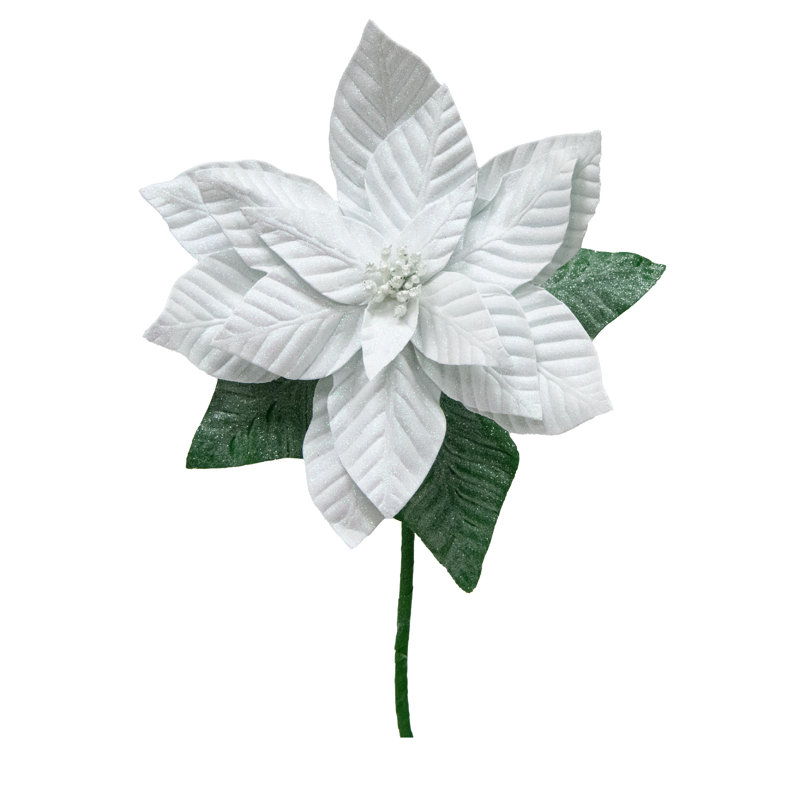 Poinsettia pailleté de 85 cm avec tige et feuilles blanches