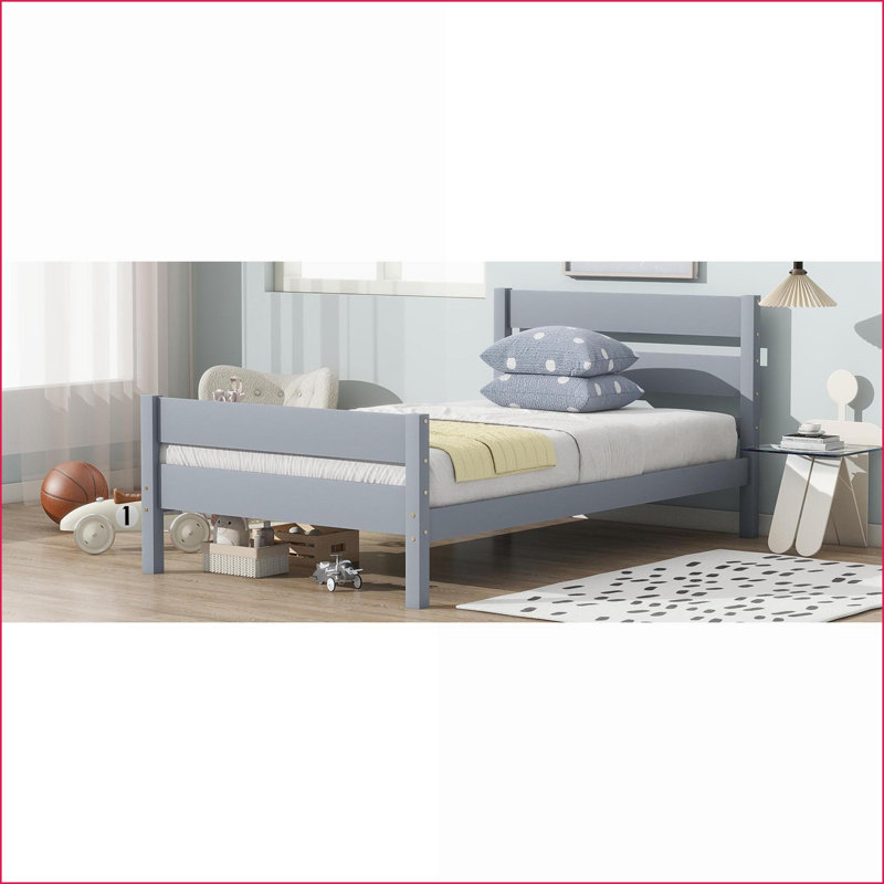 Twin Size Rubber Wood Platform Bed - No Box Spring Needed, Underbed Storage, Grey for Small Spaces, Gray