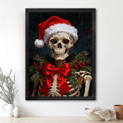 Black Framed Vintage Christmas skeletons delivered with Christmas cookies Wall Art Gothic retro oil painting combined with dark humor Style Framed Pri