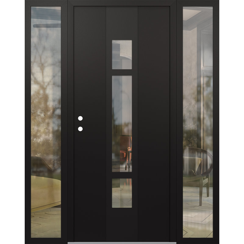 Porte d'entrée pré-suspendue en acier à panneau noir Diamond A9 avec deux panneaux latéraux, L 65,69 po x H 81,69 po