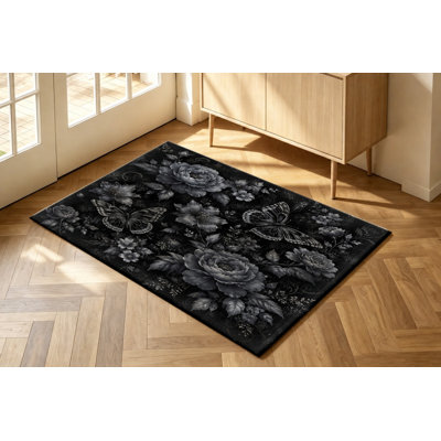 Tapis lavable à motif floral papillon gothique, noir et gris vintage, surface en velours, doux et antidérapant, décoration intérieure moderne pour salon, chambre, entrée, bureau, balcon, appartement