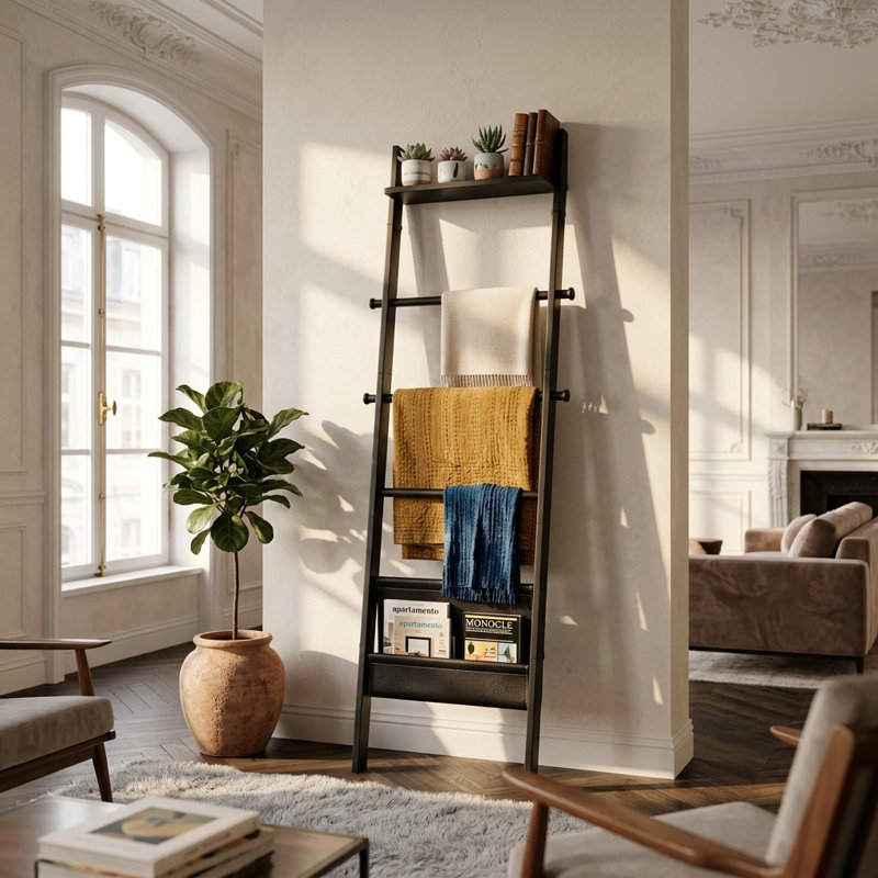 Black Bamboo 5-Tier Blanket Ladder with Pocket & Hooks