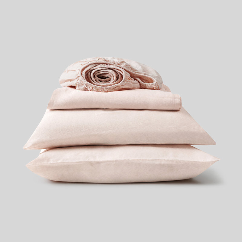 Ensemble de draps 100% lin lavé 4 pièces, Gris clair, Ensemble de draps pour grand lit avec 2 taies d'or