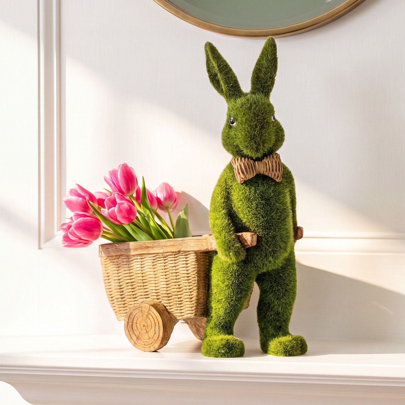 Mossed Bunny with Cart Figurine