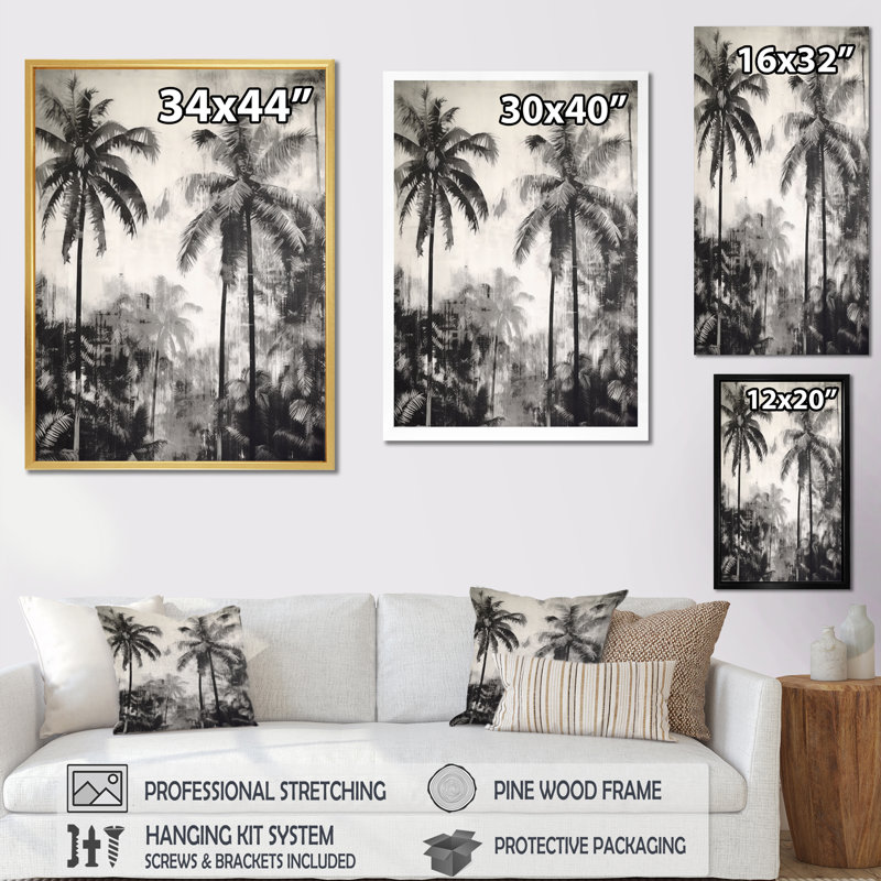Palmier noir et blanc II sur toile, Cadre photo doré simple, H 40 po x l 30 po x P 1,5 po