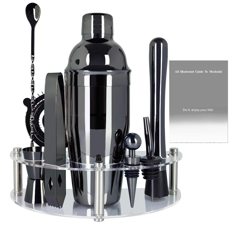 Ensemble de shaker à cocktail avec support, ensemble de barman pour shaker à cocktail: ensemble d'outils de bar, mélange de boissons comprenant un shaker Martini, une crépine, un jigger, une cuillère de mélangeur de bar, un mélangeur, un verseur, un bouchon de bouteille (noir)