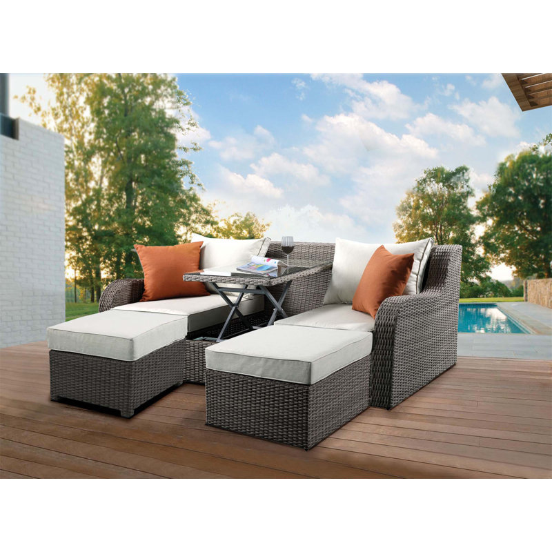 Canapé d'extérieur Salena en tissu beige et osier gris avec 2 coussins et 2 repose-pieds