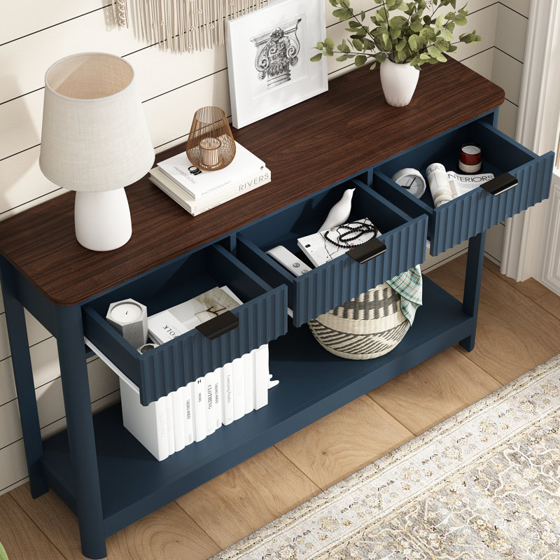Console 47,2 po avec 3 tiroirs cannelés Denise, Bleu