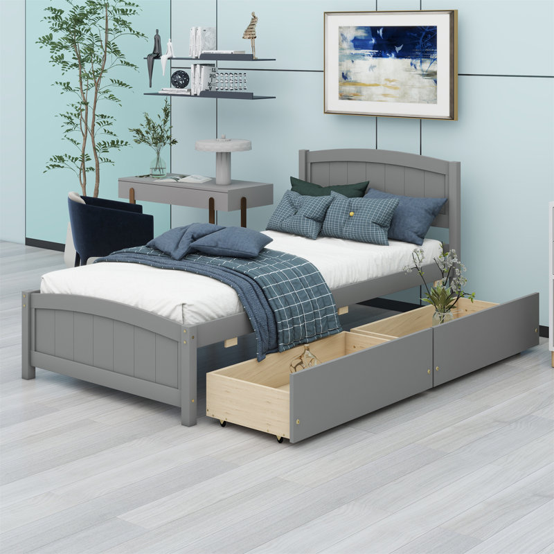 Twin Size Platform Bed With Two Drawers, Gray
