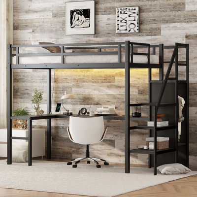 Metal Loft Bed with L-Shaped Desk, Wardrobe, Stairs, USB & LED, High Loft for Teens & Adults