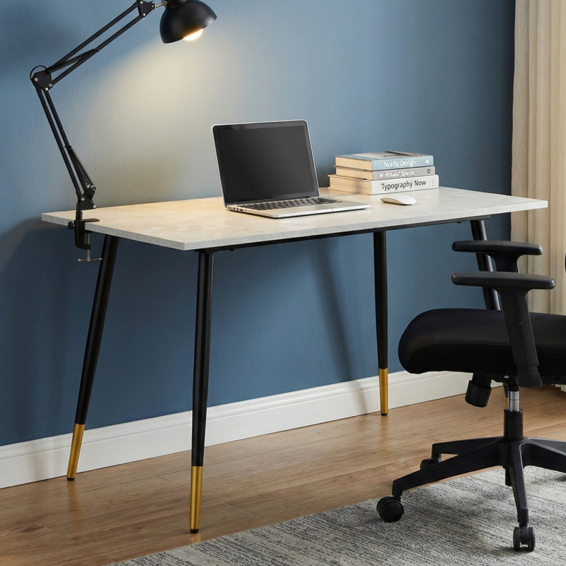 51.18" Modern White Marble-Style Office Desk, White Marble