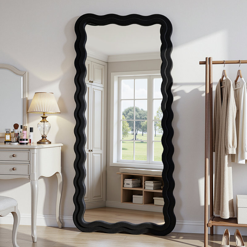 Irregular Wavy Full Length Mirror with Flannel Wrapped Frame, Black, 76" x 34"