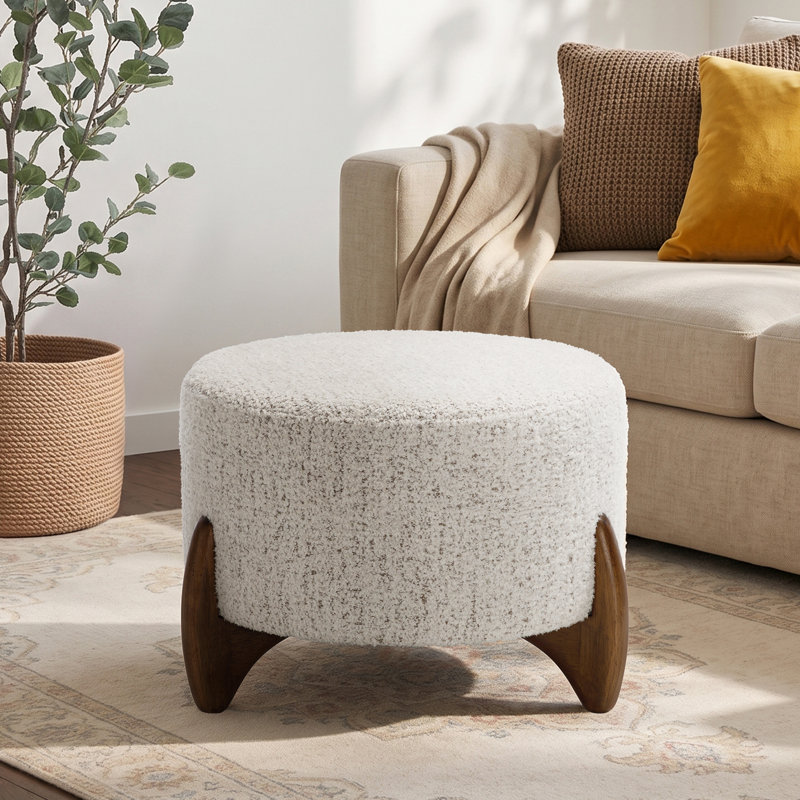 Pouf rond rembourré de 51 cm de large avec pieds en bois massif, Beige