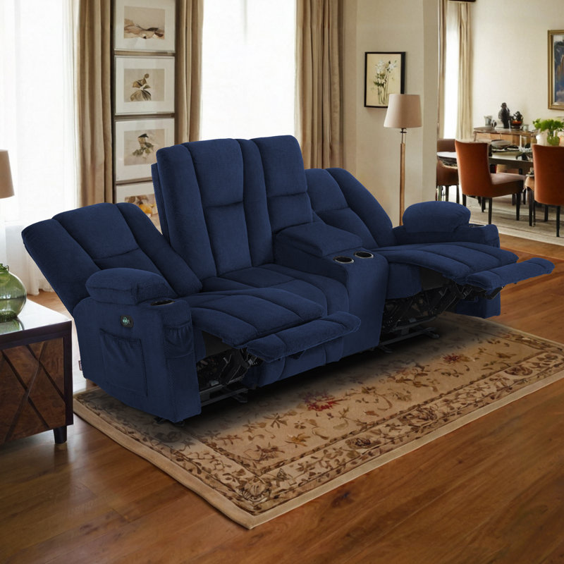 Power Reclining Sofa with Heat and Massage, USB Ports, Cup Holders, 3-Seat Dual Recliner Sofa, Navy Blue Polyester Blend