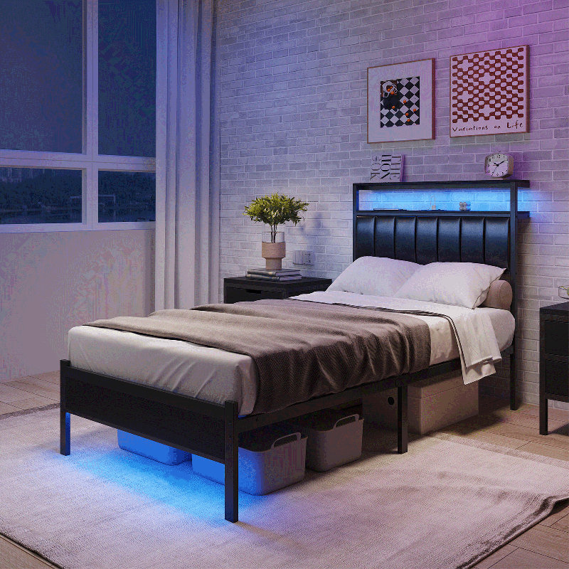 Twin Size Bed Frame with Charging Station and LED Lights, Black Upholstered Headboard with 2-Tier Storage Shelves, Metal Bed Frame with Headboard, No Box Spring Needed, Easy Assembly, Black