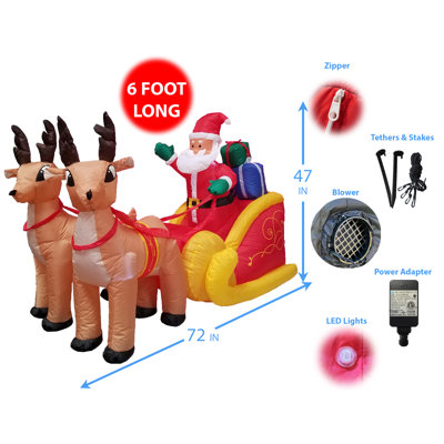 Père Noël gonflable illuminé de 6 pieds de long avec traîneau avec renne et boîtes-cadeaux Décoration de jardin intérieure / extérieure