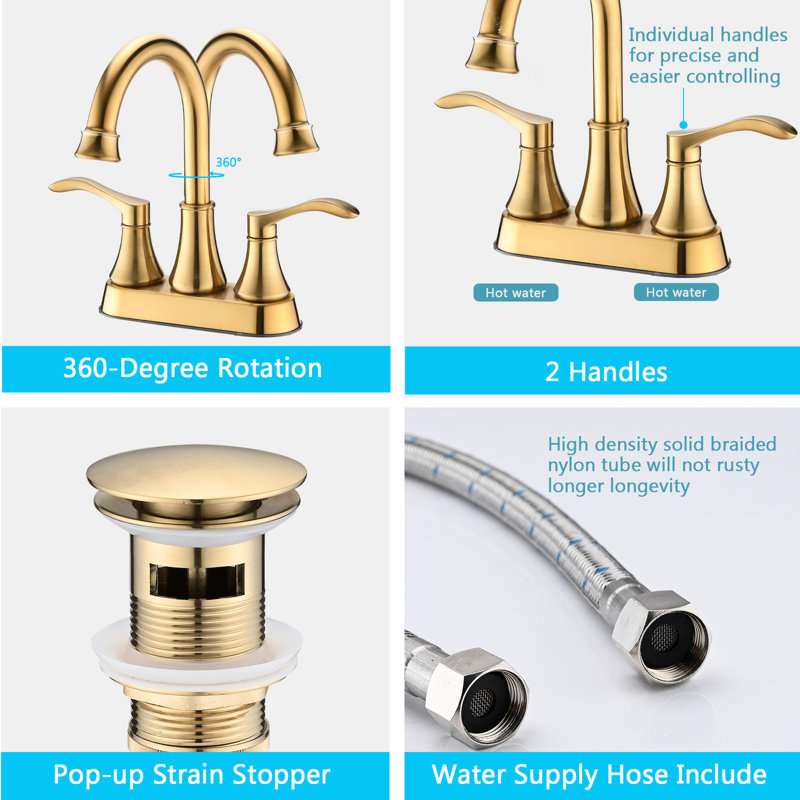 4" Bathroom Faucet In Brushed Gold, 360 Swivel Spout With Pop-Up Drain, Metal, & , Rustproof, Soft Bubble Water Flow, Drip- Cartridge, Elegant Handles, 1.8 Gpm, 7.52" Reach Gold - 4 Inches , Pop Up