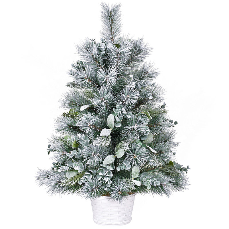 Arbre de Noël de table 2 pi avec accents d'eucalyptus et aiguilles de pin, 68 pointes, mini arbre artificiel légèrement floqué avec base en ciment plastique, petite décoration des Fêtes pour bureau, table et manteau de cheminée