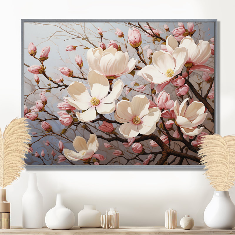 Blanc, rose, magnolia Magnolia Symphony I - art sur toile Magnolias, 12" H x 20" W, Silver Floater Framed
