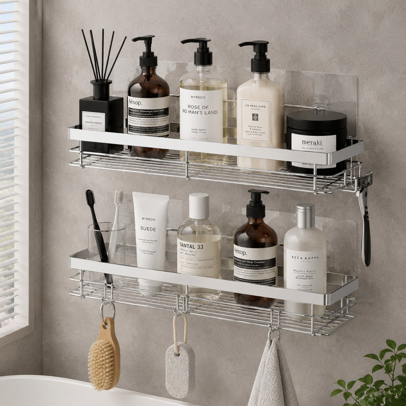 Wall-Mounted, Non-Marking Bathroom Organizer — Features 5 Hooks for Hanging Small Toiletries; Rust-Resistant Stainless Steel Construction; Suitable for Both Kitchen and Bathroom Use.