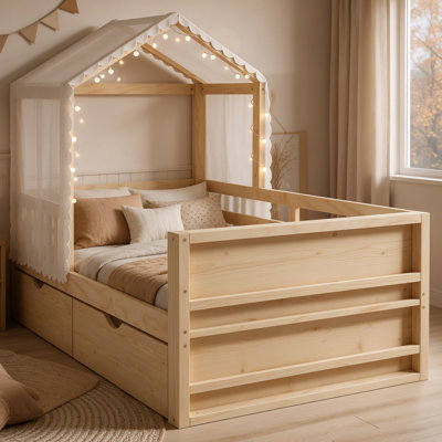 Twin House Bed Frame with Detachable Tent, Light, 2 Storage Drawers and Bookshelves