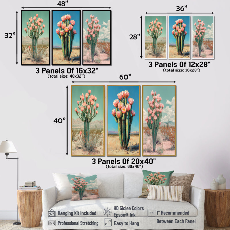 Pastel cactus en fleurs dans le désert I - ensemble de 3 cactus floraux, collection d'art mural, H 32 po x l 48 po, Brun