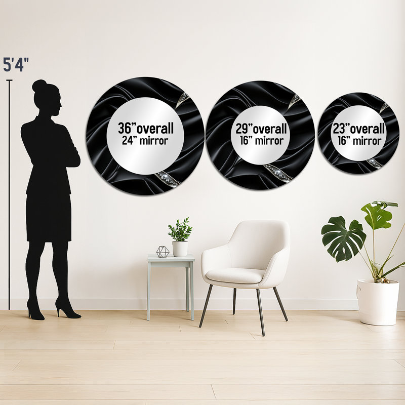 Deep Black Silver Elegance - Abstract Large Mirror, Modern Round Unique Wall Mirror Decor, Printed Metal Art, 29" x 29"