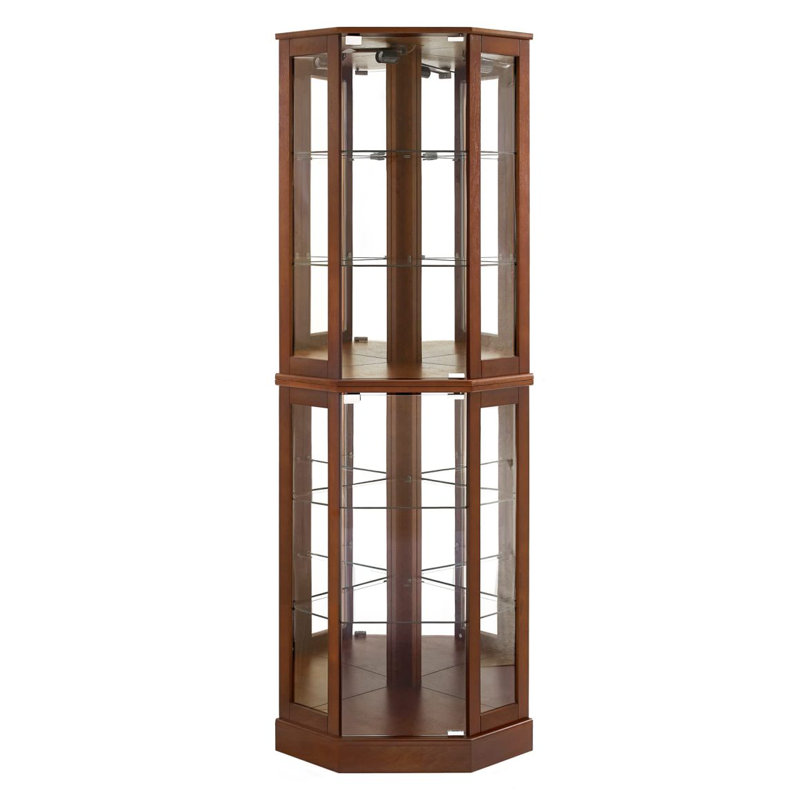 Vitrine de coin à 6 tablettes avec miroirs et tablettes réglables (ampoule E26 non incluse), Noyer