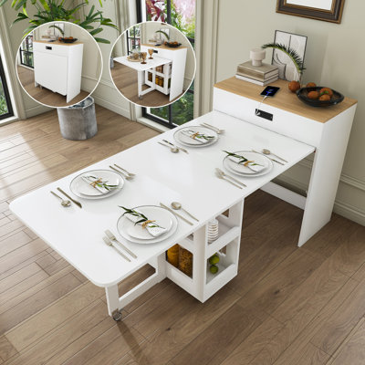 74-inch extendable dining table, equipped with power socket, lockable casters and small space storage cabinet, with a pull-out tabletop kitchen island