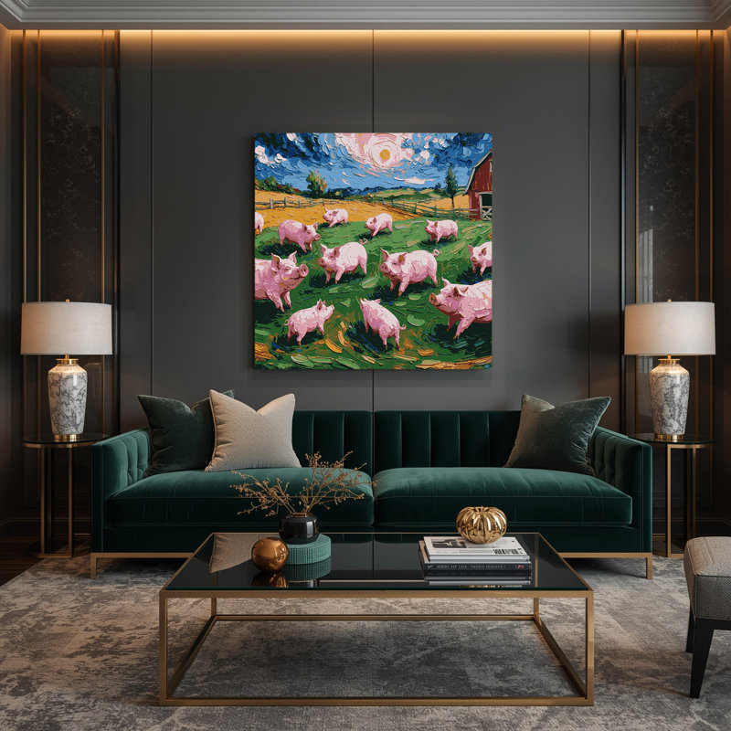 Ferme, cochons verts, art mural sur toile, H 8 po x l 8 po