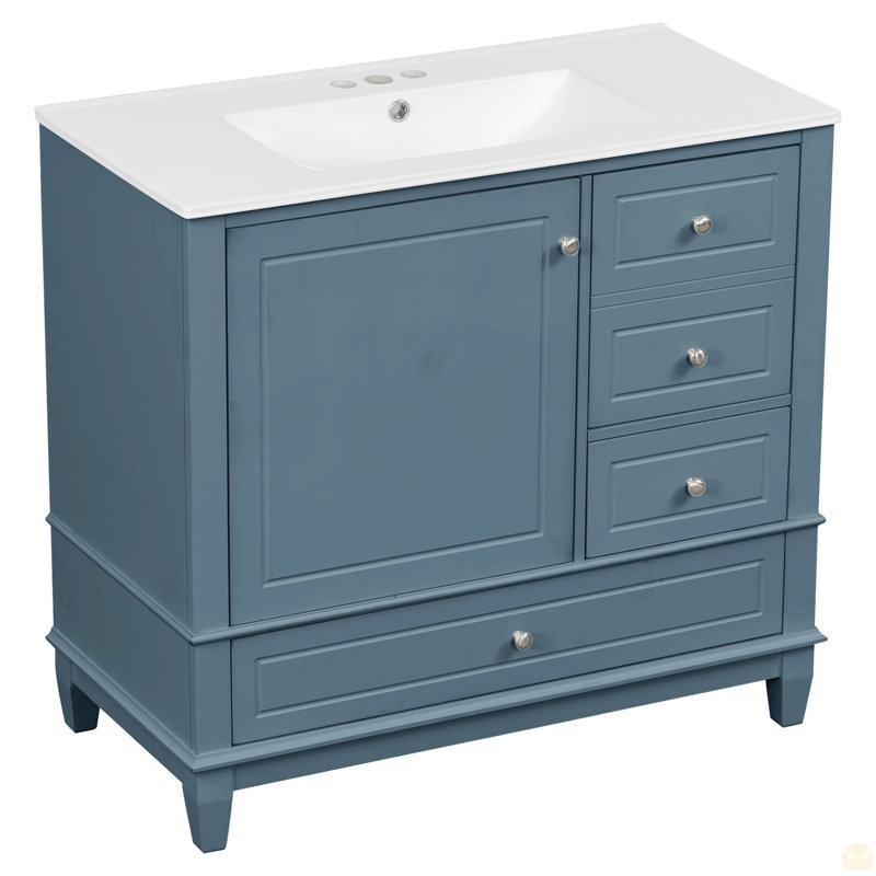 Meuble-lavabo 36 po avec lavabo en céramique, base en bois aggloméré et bois massif, 3 tiroirs et armoire avec tablettes