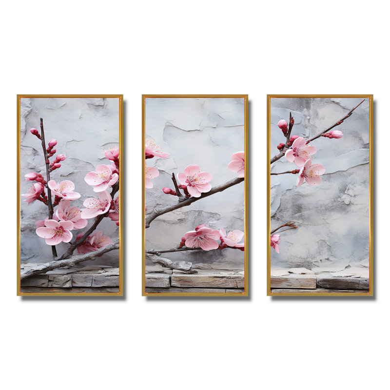 Fleurs de cerisier rose fin de l'hiver - art mural cerisier en fleurs, H 28 po x l 36 po, Cadre flottant doré