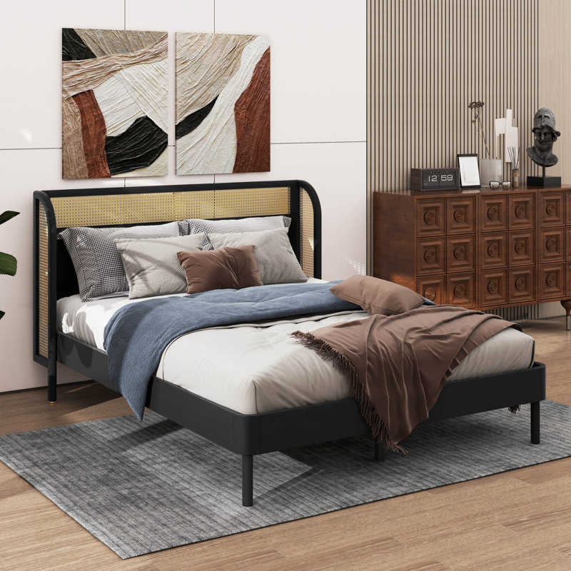 Arsaluis Modern Cannage Rattan Wood Platform Bed,bed frame,upholstered bed, Black