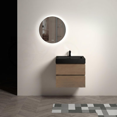 24'' Wall Mounted Bathroom Vanity with Brown Walnut Finish and Black Sink