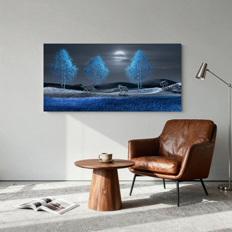 Ensemble de 1 tableau sur toile « Loups au clair de lune », L 40 po x H 20 po, Toile tendue