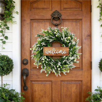 Couronnes de 20 po, couronnes de printemps, couronne de lavande artificielle pour porte d'entrée, avec cintre de couronne de bienvenue, pour le printemps, l'été, l'automne, l'hiver, à l'intérieur, à l'extérieur, dans les couloirs, dans les bureaux.