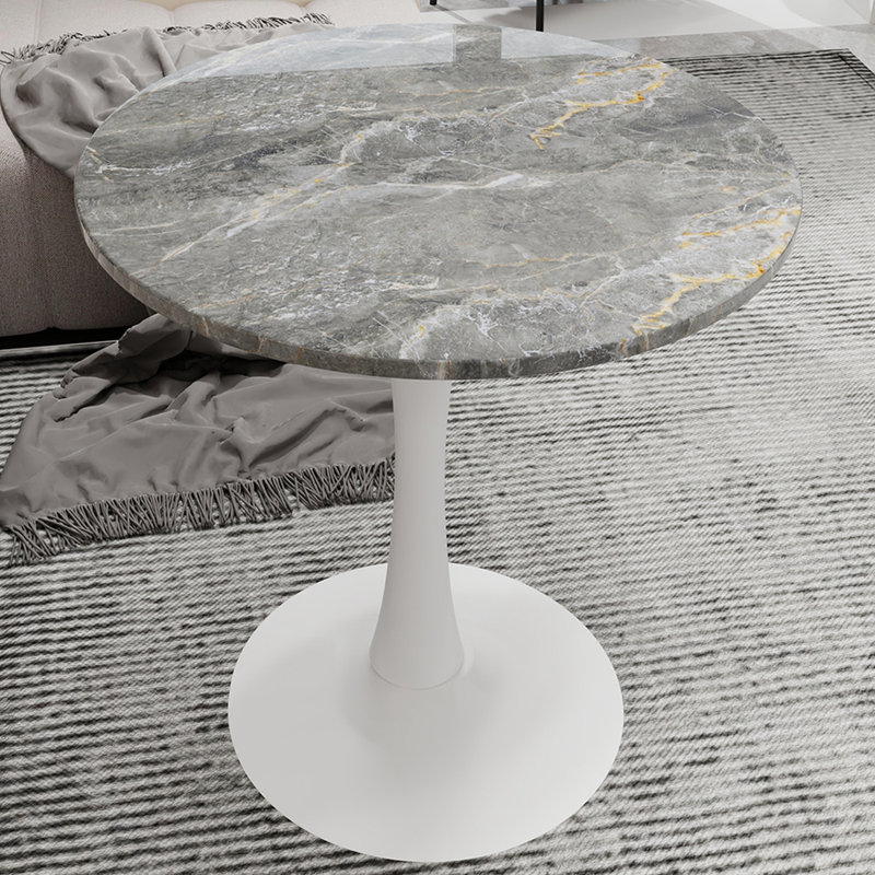 Marble-Top Round Side Table with Tapered Pedestal Base, Ideal for Living Room, Modern Minimalist Design, White, Grey