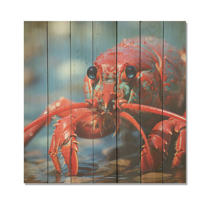 Coastal Crawler Portrait Of A Lobster - Lobster On Wood Print