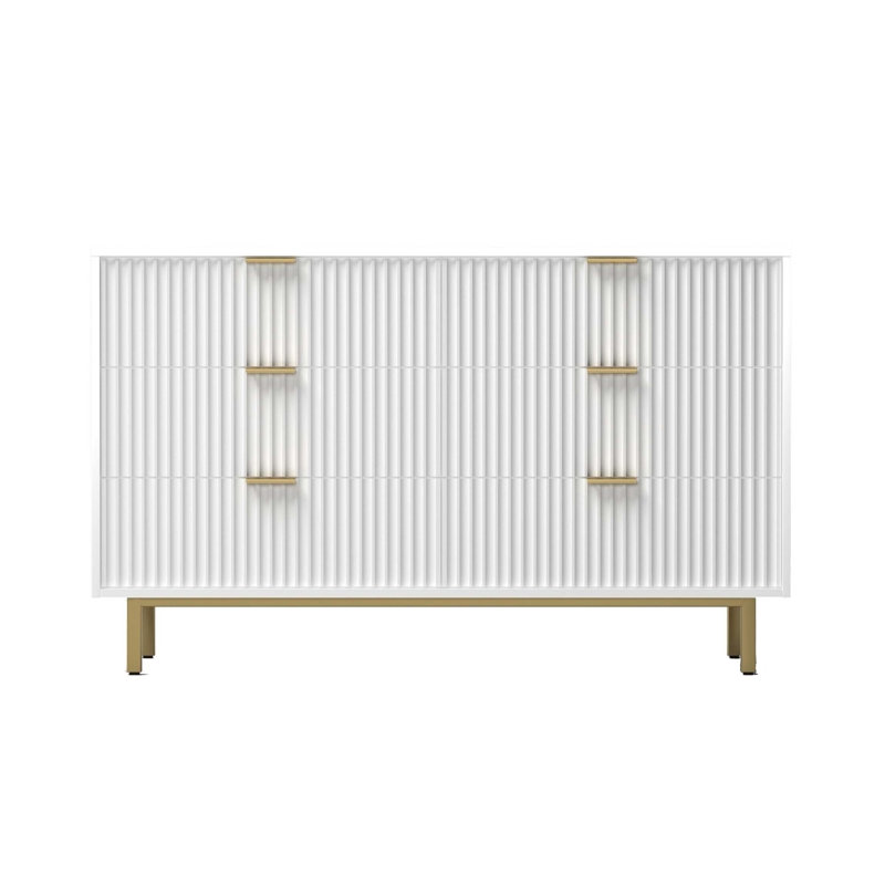Commode 6 tiroirs 56 pouces Beth, panneaux ondulés, bois d'acajou blanc, doré