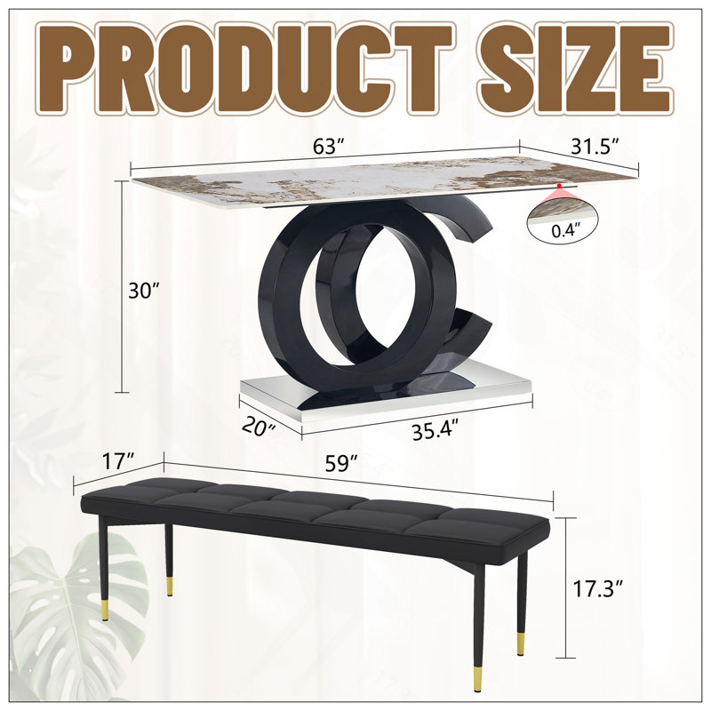 Table And Chair Set.63*31.5 Inch Pandora Pattern Sintered Stone Dining Table Set,MDF Material OC Shaped Bracket,Paired With 2 Benches,A Choice Of Subtle Luxury For Modern Homes.