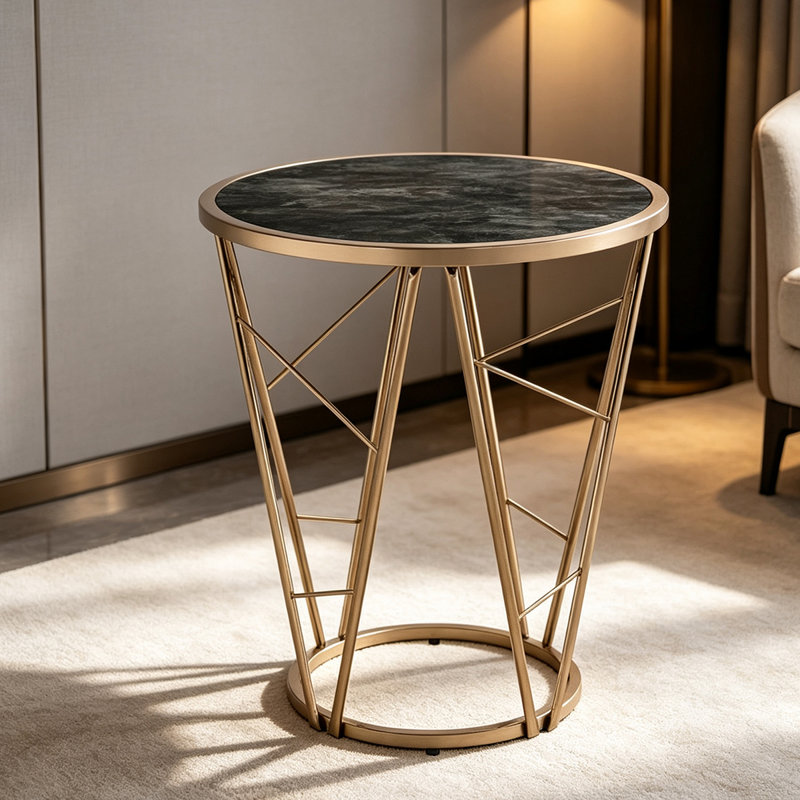 Table d'appoint ronde minimaliste et moderne, plateau en faux marbre noir et piètement conique en métal doré champagne
