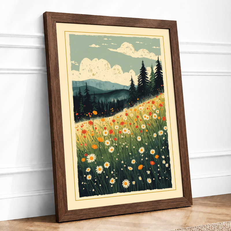 Mountain Meadow Scandinavian - Framed Print, A2 - 59.4 x 42.0 cm, Walnut
