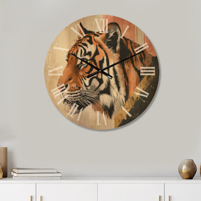 Golden Stripe Tiger - Glam Large Round Wall Clock, Printed on Wood
