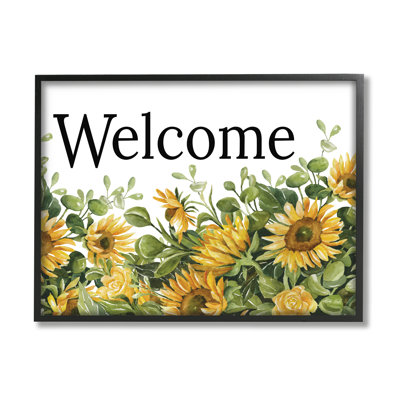 Welcome Typography Sign Blooming Sunflower Field - Floater Frame Print on Wood