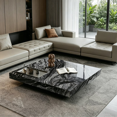 Modern Black Square Faux Marble Coffee Table