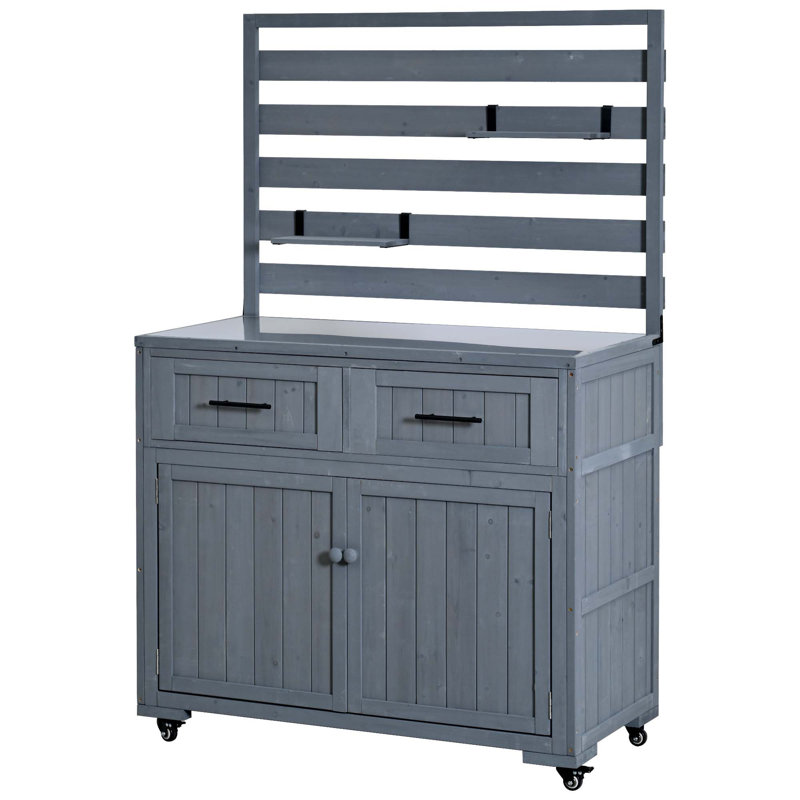 Solid Wood Outdoor Kitchen Island With Stainless Steel Top, Movable Shelves, Lockable Wheels, And Versatile Use As Grill Prep Table Or Potting Bench.