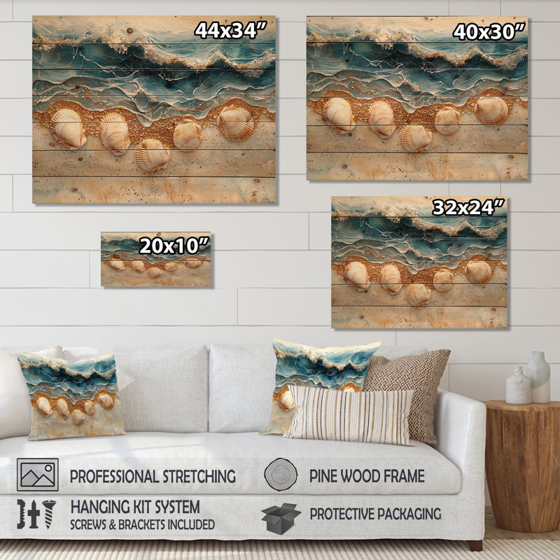 Coquillage et paysage de plage marbré III - Décoration murale en bois côtier - sur bois de pin naturel