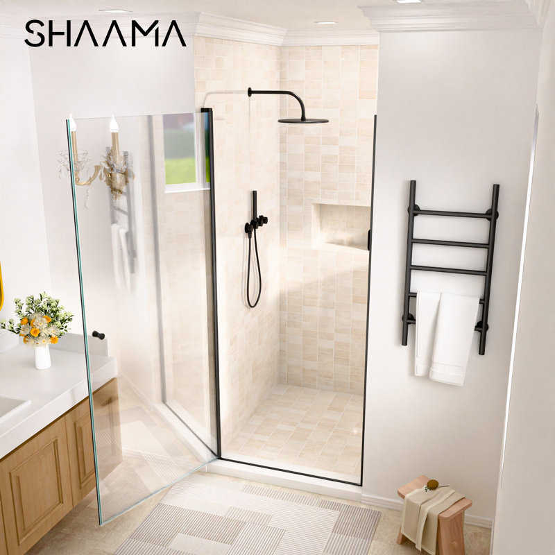 34 In. W X 72 In. H Space Saving Pivot Semi-Frameless Swing Shower Door In 1/4 In. Clear Tempered Glass, Matte Black